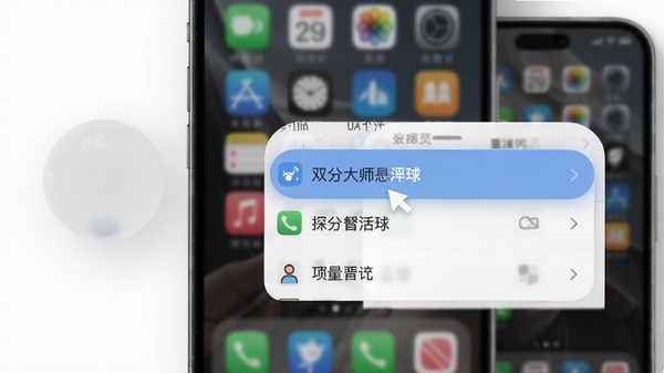双分大师悬浮球功能演示图，手机屏幕边缘有一个半透明的圆形悬浮球，点击后弹出应用列表，背景虚化，突出选择应用的动作，画面简洁，色彩柔和