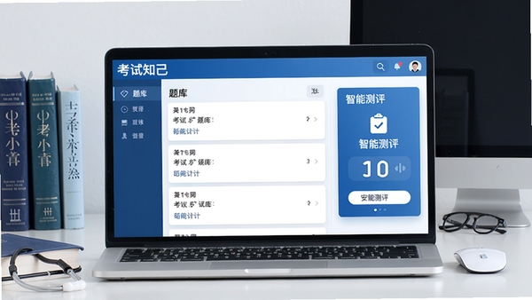 考试知己主界面预览，展示清晰的题库列表和智能测评功能，背景为简洁的医学书籍与电脑桌面，整体色调以蓝色和白色为主，风格专业且现代