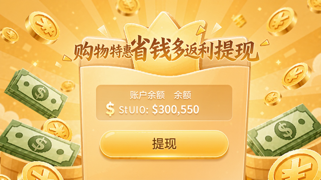 购物特惠省钱多返利提现页面，显示账户余额和提现按钮，背景有金币和现金图标元素，色调温暖明亮，突出收益到账的喜悦感