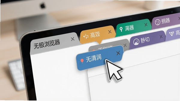 无极浏览器标签页管理功能特写，展示多个彩色标签页整齐排列，其中一个标签页被鼠标拖拽分离，旁边有固定的标签页和休眠图标，背景为浅色工作台，强调高效管理