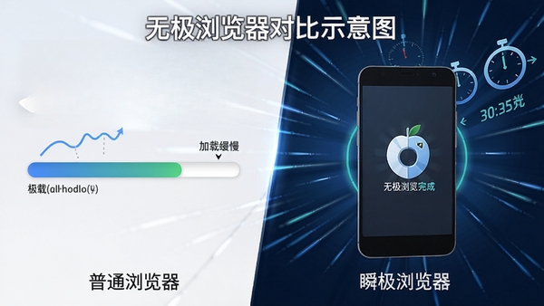 无极浏览器性能对比示意图，左侧为普通浏览器加载缓慢的进度条，右侧为无极浏览器瞬间加载完成的画面，背景有速度线条和计时器元素，突出其极速特性