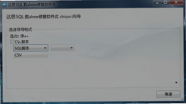 达思SQL数据库修复软件导出数据向导界面，显示选择导出格式选项，包含SQL脚本和CSV，背景为简洁的向导风格窗口