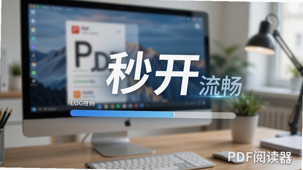 易读PDF阅读器正在流畅打开一个大体积PDF文件，界面显示快速的加载进度条，背景为模糊的电脑屏幕和办公环境，突出“秒开”和“流畅”的速度感，画面中可见软件名称水印