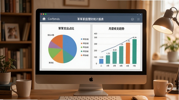 笨笨家庭理财统计报表界面,屏幕上显示彩色饼图和柱状图,展示不同支出类别占比和月度收支趋势,背景为温馨的书房场景,电脑屏幕上软件名称清晰可辨