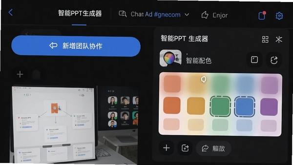 智能PPT生成器手机端编辑页面截图，显示新增的团队协作按钮与智能配色面板，背景为暗色模式界面，展示软件新功能细节