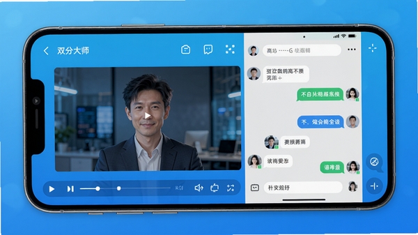 双分大师主界面预览图，手机屏幕一分为二，左侧显示视频播放画面，右侧显示社交聊天窗口，背景为渐变的科技蓝，界面简洁现代，图标清晰，整体风格明亮通透