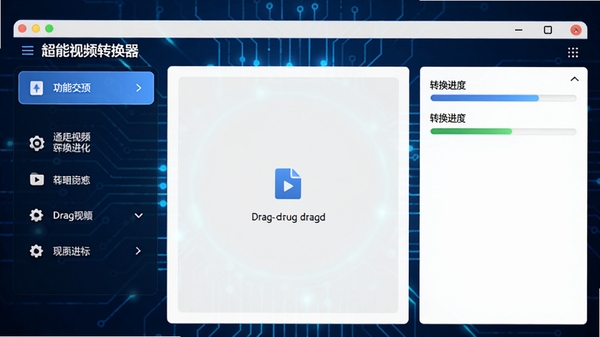 超能视频转换器主界面预览，展示简洁的转换操作面板，左侧功能列表清晰，中间有文件拖拽区域，右侧显示转换进度，背景为深蓝色科技感，整体风格现代明亮