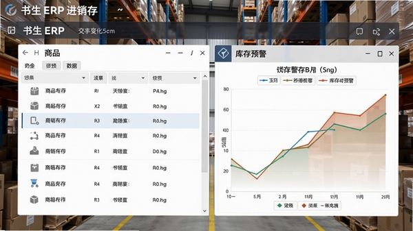 书生ERP进销存功能操作界面，显示商品列表和库存预警图表，背景为仓库货架，画面清晰标注数据变化趋势