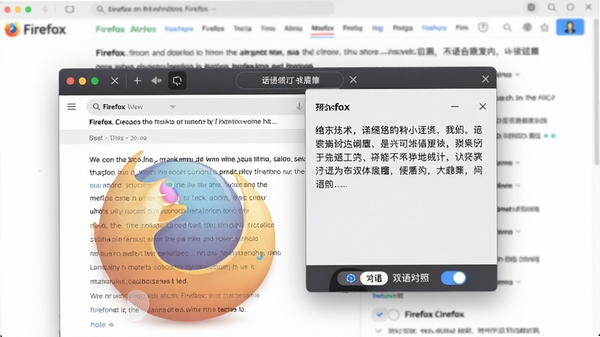 Firefox多功能版内置翻译功能界面特写，左侧为英文原网页，右侧浮出中文翻译结果面板，下方有双语对照开关，背景为模糊化的网页文字，画面明亮清晰，展示软件实用场景