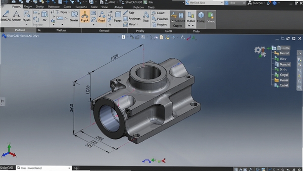 浩辰CAD 2021三维建模功能展示，图片中央显示一个正在编辑的三维机械零件模型，带有尺寸约束和特征树，背景为深灰色，突出软件的3D建模能力
