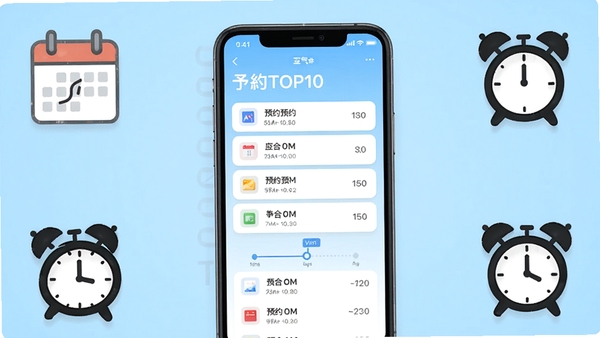 予TOP10应用主界面预览图,显示预约列表与时间轴,背景为浅蓝色渐变,界面简洁现代,手机屏幕居中展示,周围有日历和闹钟图标装饰,整体风格明亮清晰