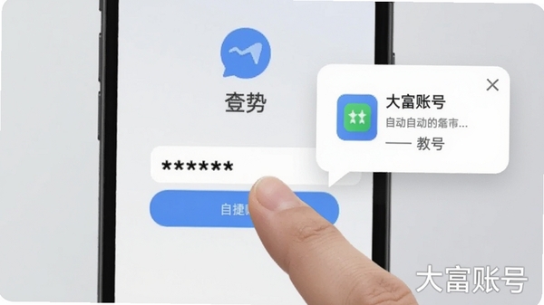 手机屏幕上显示一个登录页面，手指点击后密码框自动填入星号，旁边弹出大富账号的自动填充提示气泡，背景为浅灰色，突出便捷性和智能化，软件名称大富账号以水印形式出现在角落。
