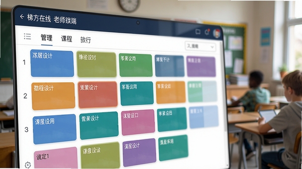 梯方在线-老师端课程日历特写，界面中清晰标注不同颜色的课程块，背景为模糊的教室环境，突出软件的日程管理功能，画面层次分明