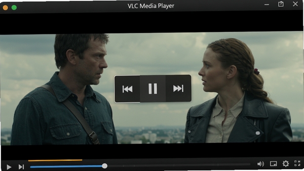 VLC Media Player 播放器主界面预览图,深色界面,界面中央显示播放控制按钮,背景为高清电影画面,整体风格简洁现代,画面清晰细腻,突出软件的专业与易用性