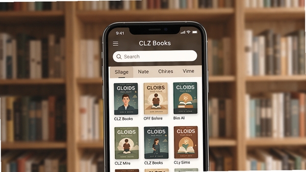 CLZ Books主界面展示，一个整洁的书架背景，前景是手机屏幕显示书籍列表，带有搜索栏和分类标签，色调温暖，光线柔和，突出软件管理书籍的核心功能，书籍封面清晰可见，构图居中，背景虚化