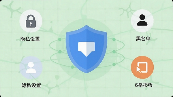 附近陌陌约会安全中心界面，盾牌图标位于中央，周围有隐私设置、黑名单、举报入口等图标，背景是淡绿色网格，给人一种安全可靠的感觉，扁平化设计风格
