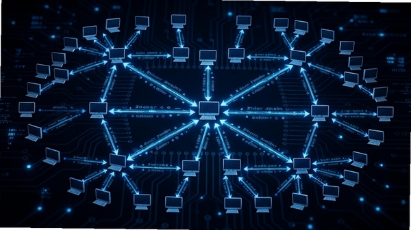 Tribler网络拓扑图，展示众多电脑节点互相连接，数据流在节点间直接传输，无中心枢纽，背景为深色科技感风格，蓝色光线连接各节点