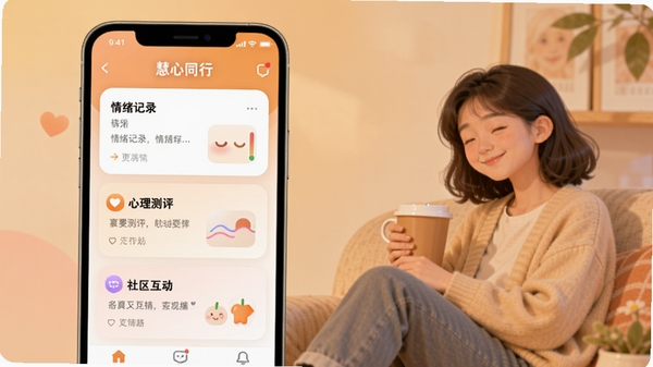 慧心同行应用主界面预览图，展示温暖的色彩搭配，手机屏幕上有情绪记录、心理测评、社区互动等模块，背景为柔和的渐变色，人物形象放松微笑，整体风格温馨治愈，适合作为软件首页展示图