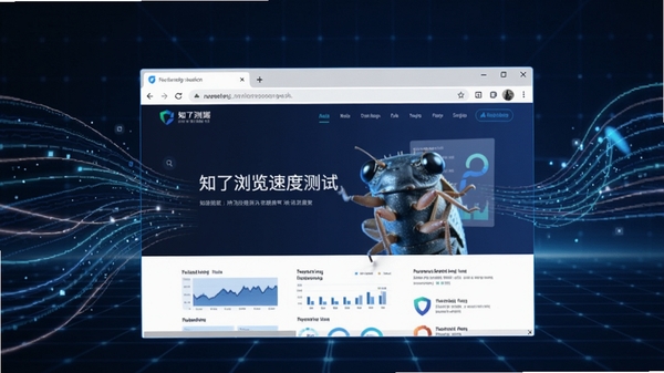 知了浏览器速度测试场景图，画面中展示浏览器加载复杂数据页面的瞬间，周围有流动的光效线条，背景为科技感蓝色调，强调极速与高效