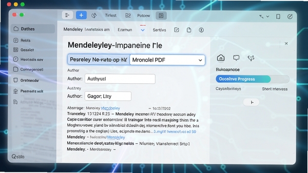 Mendeley 正在自动提取PDF文献信息的界面，展示一篇学术论文的标题、作者、摘要等元数据被自动填充到对应字段，旁边有进度条提示，背景为软件主界面，色调柔和，科技感强。
