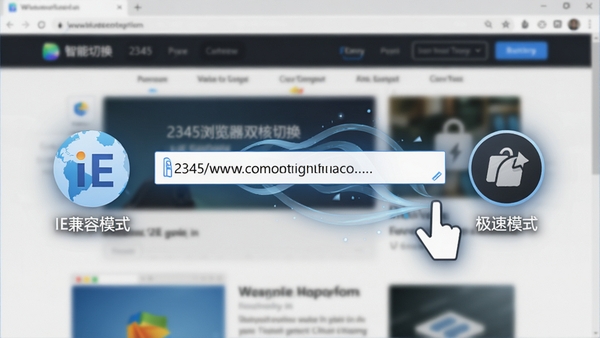 2345浏览器双核切换功能示意图，画面左侧显示IE兼容模式图标，右侧显示极速模式图标，中间为网址输入框，背景为模糊的网页元素，突出智能切换的流畅感
