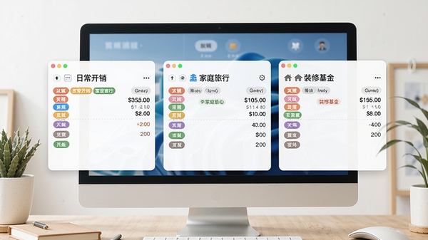笨笨家庭理财多账本管理功能展示,屏幕中同时打开三个账本窗口,分别标注“日常开销”“家庭旅行”“装修基金”,每个窗口内有不同颜色的分类标签和金额统计,画面风格简洁明亮