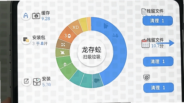 龙虾保软件垃圾清理功能运行截图，手机屏幕上显示扫描结果环形图，分类列出缓存垃圾、安装包、残留文件等清理项目，每个项目旁有清理按钮，背景为浅色网格纹理，突出数据可视化效果。