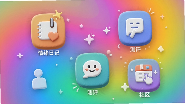 慧心同行更新日志配图，展示新版本功能图标，如情绪日记、测评、社区等，背景为多彩渐变，图标立体感强，整体风格现代活泼，体现软件活力