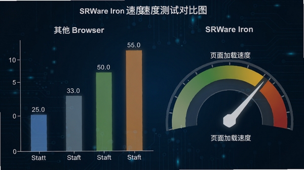 SRWare Iron速度测试对比图，左侧为其他浏览器，右侧为SRWare Iron，以柱状图或仪表盘形式展示启动时间和页面加载速度，背景为深蓝色科技感，图形简洁直观，突出性能优势