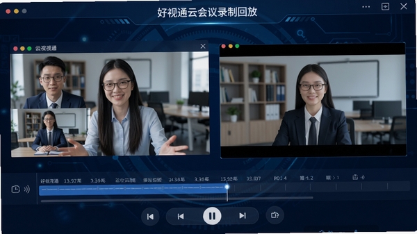好视通云会议录制回放界面，显示视频时间轴和预览窗口，有播放控制按钮，背景为深蓝色科技风格，突出录制文件管理功能
