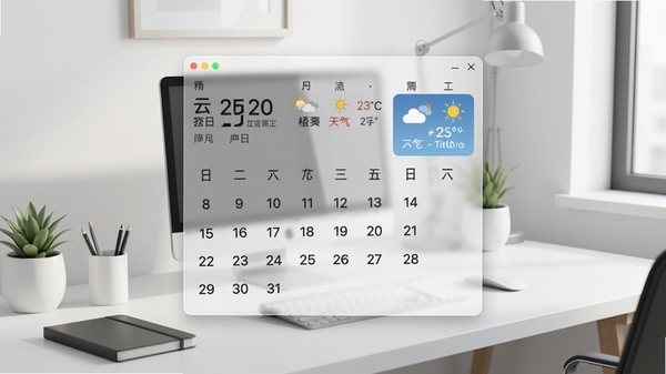 云日历主界面效果图，展示桌面悬浮日历窗口，包含日期、农历、天气信息，背景为简洁的现代办公桌面，日历悬浮窗半透明，设计美观，整体风格清爽明亮