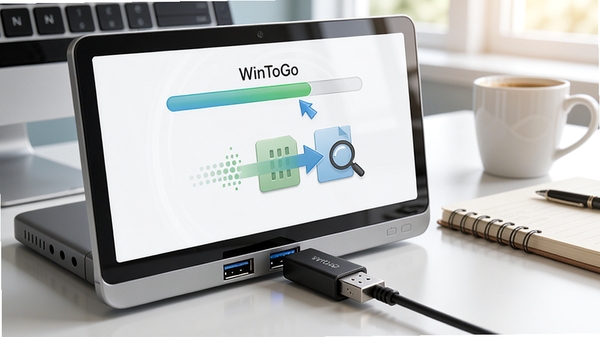 WinToGo软件系统部署过程示意图，画面中央显示U盘插入电脑USB接口，屏幕上有进度条和系统文件复制动画，背景为整洁的工作台，有笔记本和咖啡杯，色调明亮，写实风格，突出便携部署概念