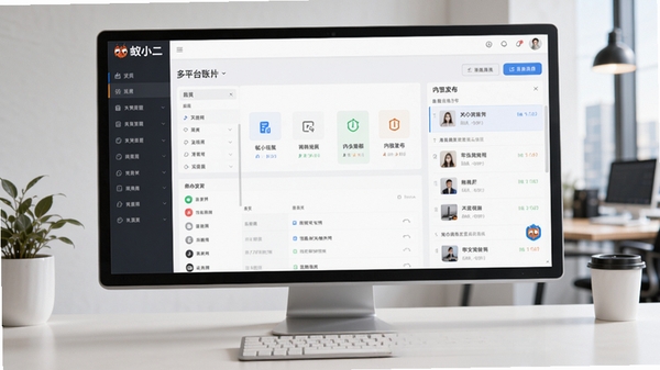 蚁小二软件主界面预览图，展示多平台账号管理面板与内容发布列表，背景为现代办公桌面场景，界面清晰明亮，突出软件的品牌标识与核心功能区域