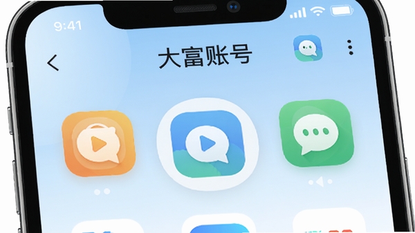 现代简约风格的手机应用界面展示，屏幕中央显示大富账号主界面，有多个彩色图标代表不同应用账号，背景为淡蓝色渐变，整体画面清晰明亮，突出账号管理核心功能，软件名称大富账号出现在界面顶部。