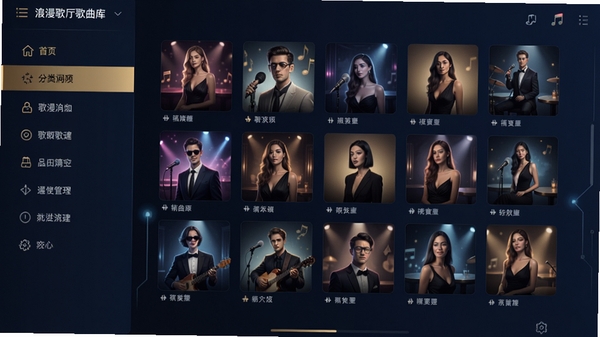 浪漫歌厅歌曲库浏览界面,左侧为分类导航栏,右侧展示歌曲封面墙,界面采用现代简约风格,色调以深蓝与金色为主,突出科技感与音乐氛围,歌曲封面清晰可辨