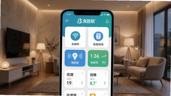 一张智能手机屏幕特写，屏幕中显示海智联App主界面，界面包含多个智能设备图标和状态卡片，背景为现代简约客厅环境，暖色调灯光，画面清晰，突出海智联品牌标识，整体风格科技感与生活感融合，适配Boogu模型生成。