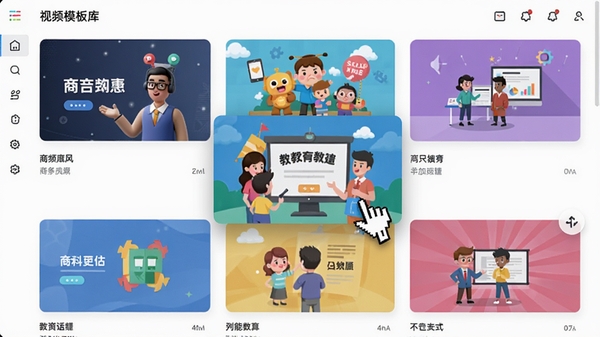 来画视频模板库界面，展示多套风格各异的动画模板缩略图，包含商务风、卡通风、扁平风等，界面网格布局，鼠标悬停在一套教育主题模板上。