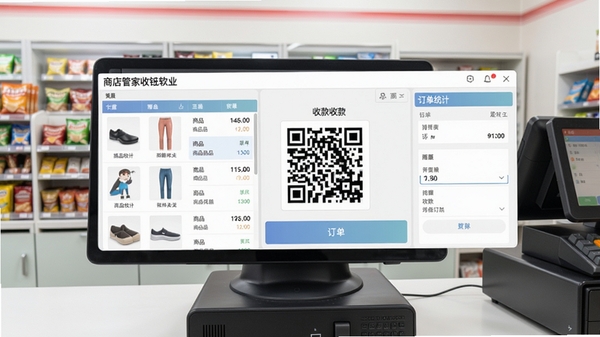 商店管家收银软件主界面截图，展示商品列表、收款二维码和订单统计面板，背景为整洁的便利店收银台，画面明亮清晰，软件界面居中显示，风格写实。