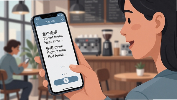快翻译软件的语音翻译功能界面，一个人对着手机说话，屏幕上实时显示中英对照的翻译文字，背景是咖啡馆的模糊环境，界面简洁清晰，突出实时语音翻译特点，现代感插画风格，高清。