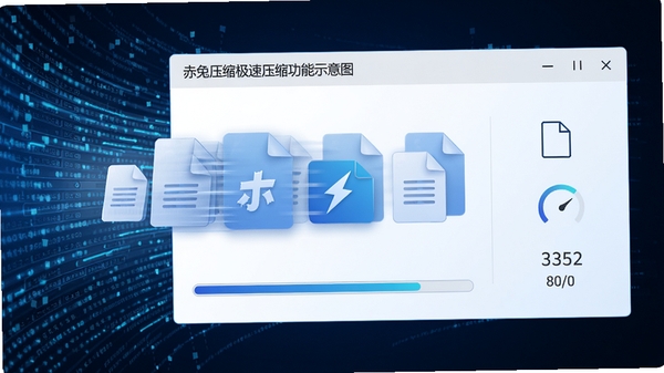 赤兔压缩极速压缩功能示意图，展示多个文件正在被快速处理，界面带有进度条和速度指标，背景为动态数据流效果，色调以蓝色和白色为主，体现高效与科技感
