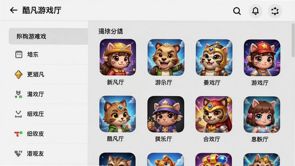 酷凡游戏厅游戏分类界面截图,左侧为分类列表,右侧展示各类别下的游戏图标与名称,界面简洁清爽,背景为浅灰色,突出游戏封面视觉