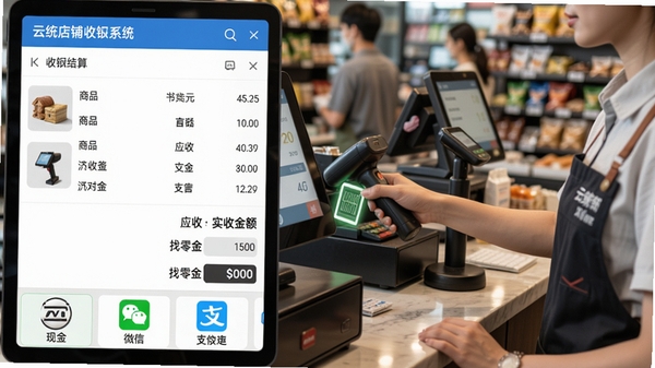 云统店铺收银系统收银结算界面，显示商品明细、应收金额、实收金额、找零金额，底部排列现金、微信、支付宝等支付图标，背景为忙碌的收银台，收银员正在扫码，画面真实自然