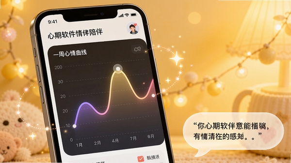 心期软件情绪陪伴功能预览图，手机屏幕显示一周心情曲线图表，曲线有起伏，周围有柔和的闪光粒子效果，背景是温馨的暖黄色调，画面右下角有一句励志文字气泡，整体氛围治愈而积极