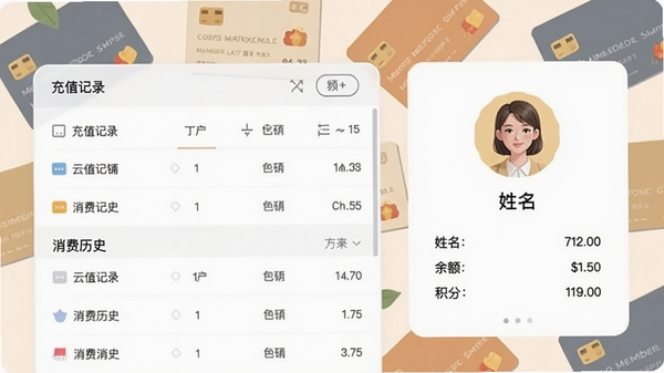 云统店铺收银系统会员管理界面，右侧显示会员头像、姓名、余额、积分，左侧为充值记录和消费历史列表，背景为会员卡样式的装饰图案，整体风格温馨简洁