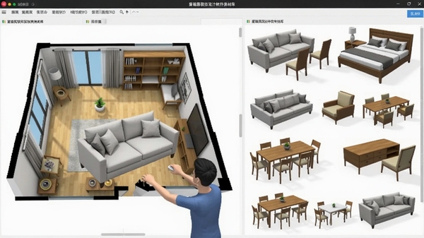 爱福窝装修设计软件素材库展示，大量3D家具模型排列在界面右侧，包括沙发、床、餐桌等，用户正在拖拽一个沙发模型到户型中，画面明亮清晰