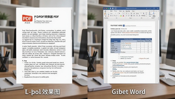 我速PDF转换器将PDF文件转换为Word文档的对比效果图，左侧为PDF原文，右侧为可编辑的Word页面，文字清晰，表格对齐，背景为办公桌面