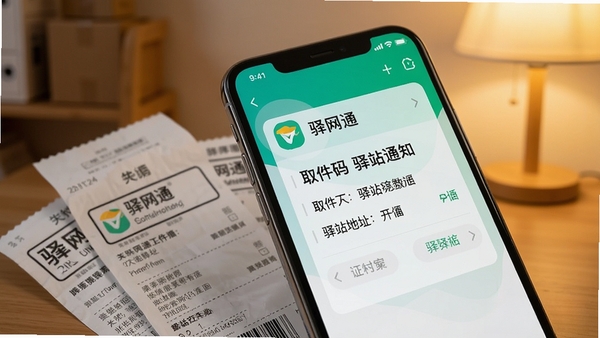 一张智能手机屏幕特写，显示驿网通发送的取件通知样式，包含取件码和驿站地址，手机旁散落着几张快递单据，背景是温馨的室内灯光，画面强调信息传达的及时与准确，带有“驿网通”水印标识