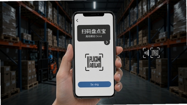 扫码盘点宝离线模式示意图，手机显示离线状态但扫码正常，背景为地下仓库，光线较暗，但屏幕清晰可见