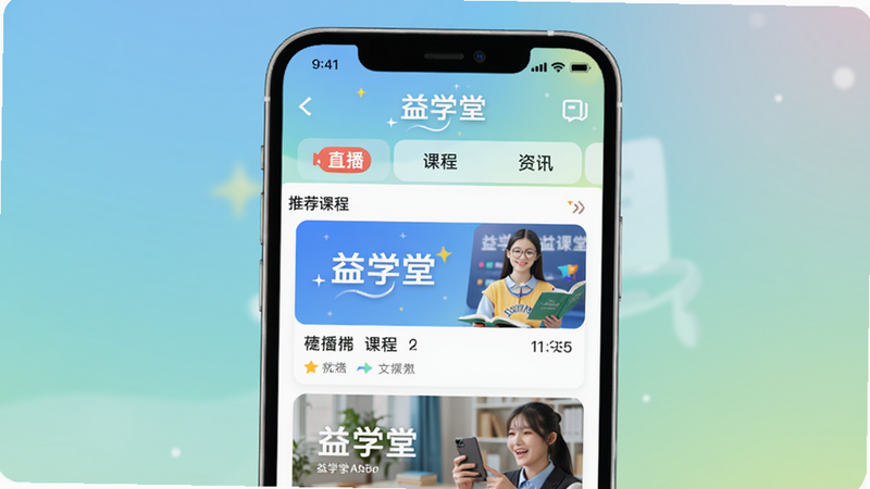 益学堂APP主界面预览图,显示首页推荐课程列表、顶部导航栏包含直播、课程、资讯等模块,背景为柔和渐变色,手机屏幕居中,整体画面明亮清晰,突出软件名称“益学堂”字样,适合Boogu模型生成
