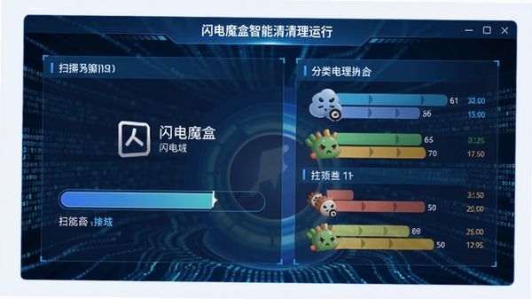 闪电魔盒智能清理功能运行界面，显示正在扫描系统垃圾文件的进度条与分类统计，界面以蓝色科技感为主色调，背景有动态数据流效果